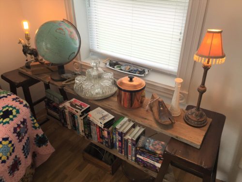 After - Living Room - Makeshift shelf from old wood and stools